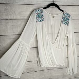 Billabong | White Faux Wrap Bell Sleeve Top Multicolor Embroidered Shoulder S